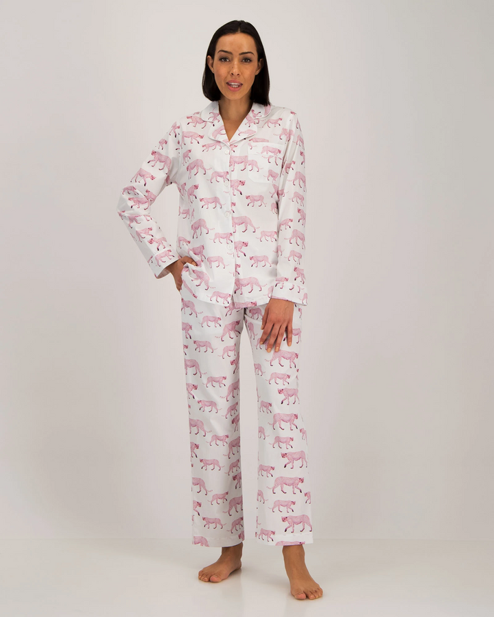 Womens Woven Long Pyjamas Pink Cheetah Front - Woodstock Laundry