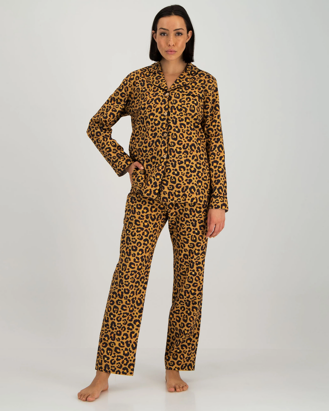 Womens Long Pyjamas Leopard Skin Front - Woodstock Laundry