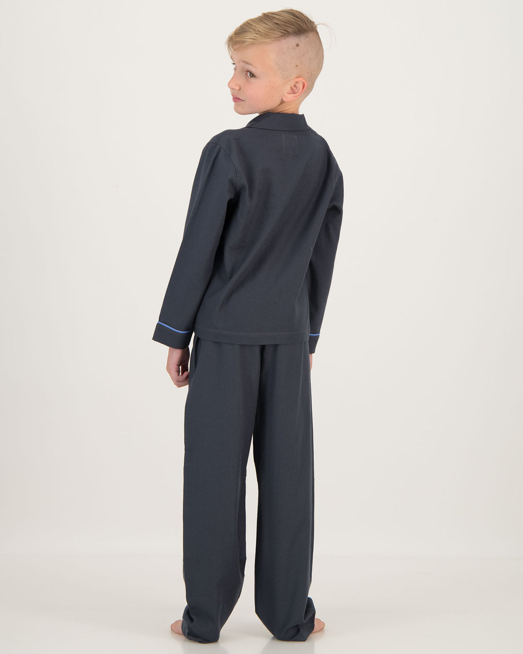 Boys Flannel Pyjamas Charcoal with Blue Piping Back - Woodstock Laundry SA