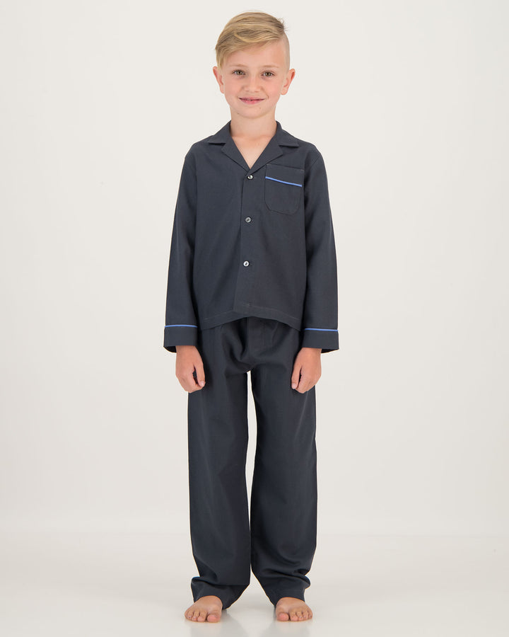 Boys Flannel Pyjamas Charcoal with Blue Piping Front - Woodstock Laundry SA