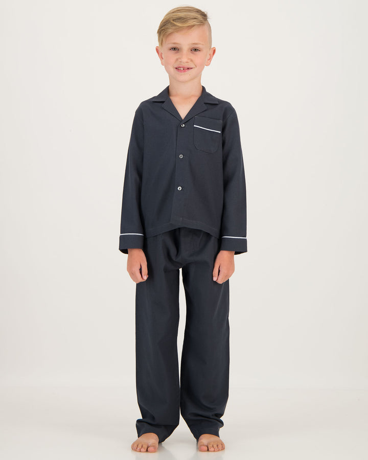 Boys Long Flannel Pyjamas Charcoal with White Piping Front - Woodstock Laundry SA