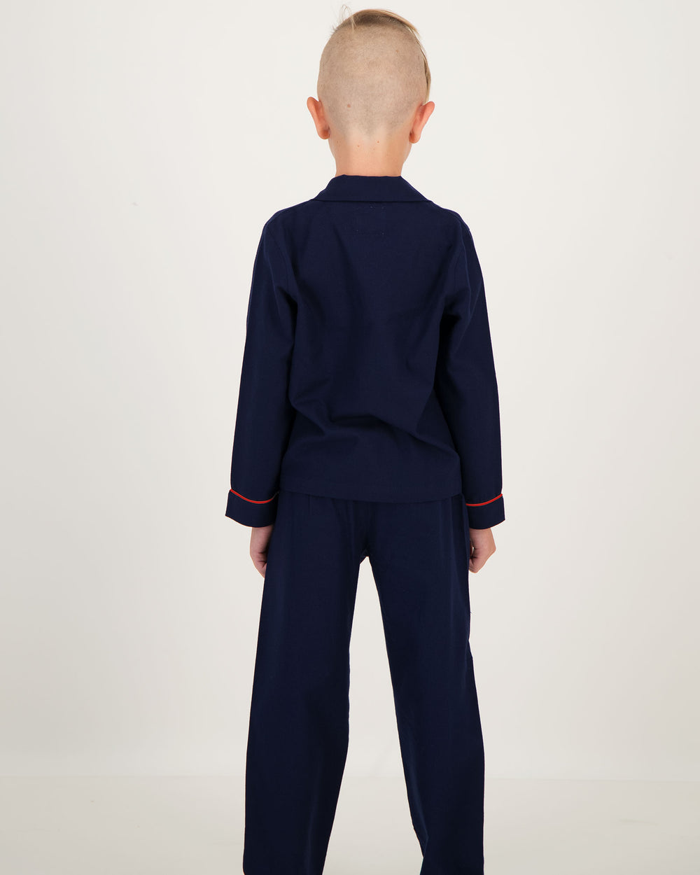 Boys Long Flannel Pyjamas Navy with Red Piping Back - Woodstock Laundry SA