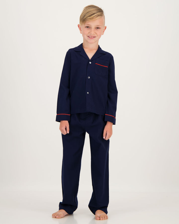 Boys Long Flannel Pyjamas Navy with Red Piping Front - Woodstock Laundry SA