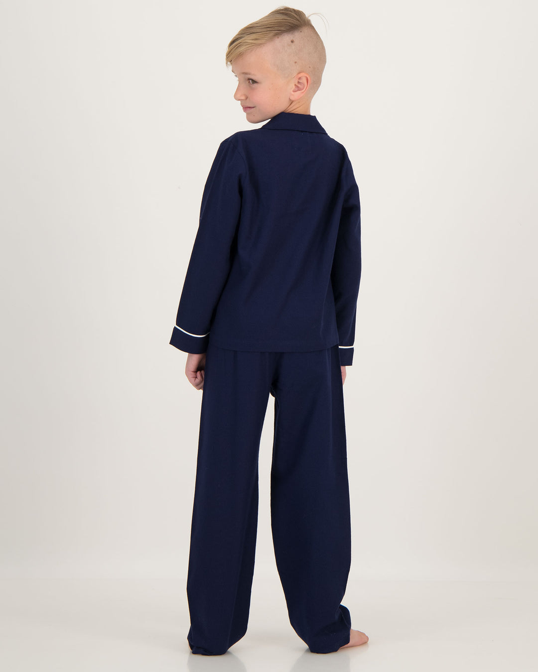 Boys Long Flannel Pyjamas Navy with White Piping Back - Woodstock Laundry SA