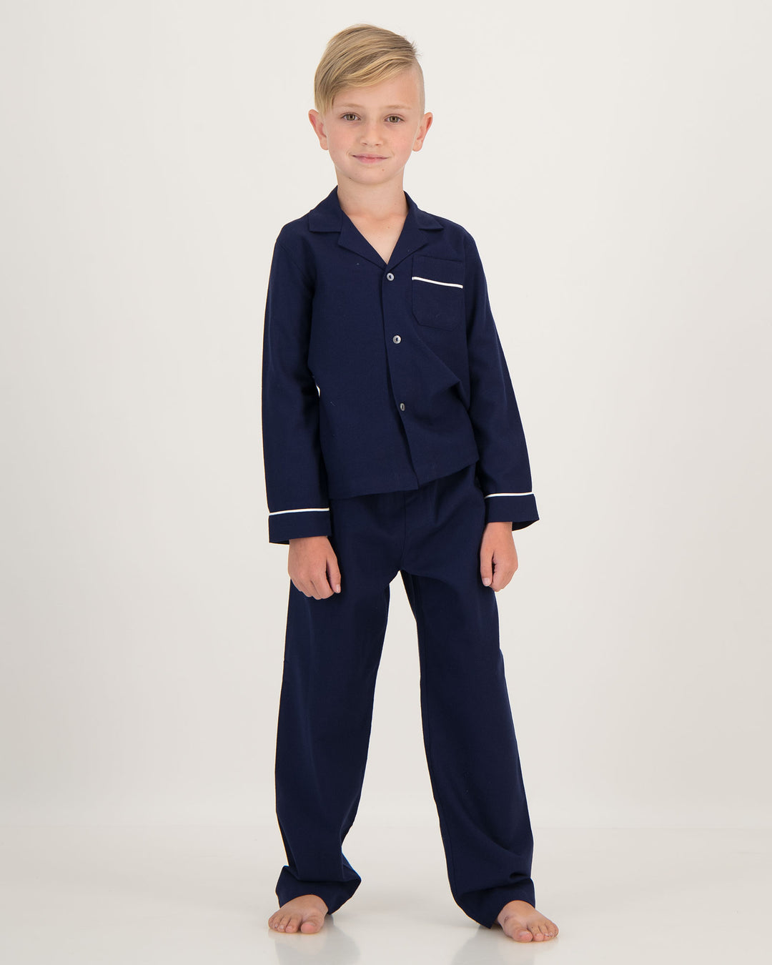 Boys Long Flannel Pyjamas Navy with White Piping Front - Woodstock Laundry SA