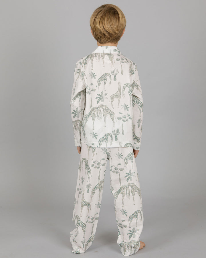 Boys Long Pyjamas Giraffes Green Back - Woodstock Laundry