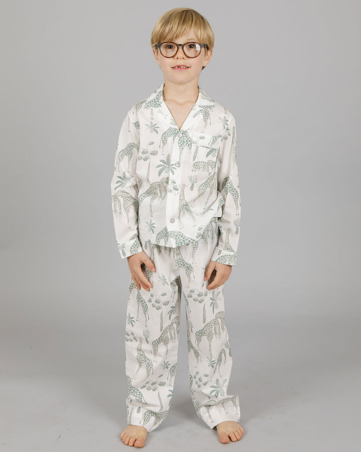 Boys Long Pyjamas Giraffes Green Front - Woodstock Laundry