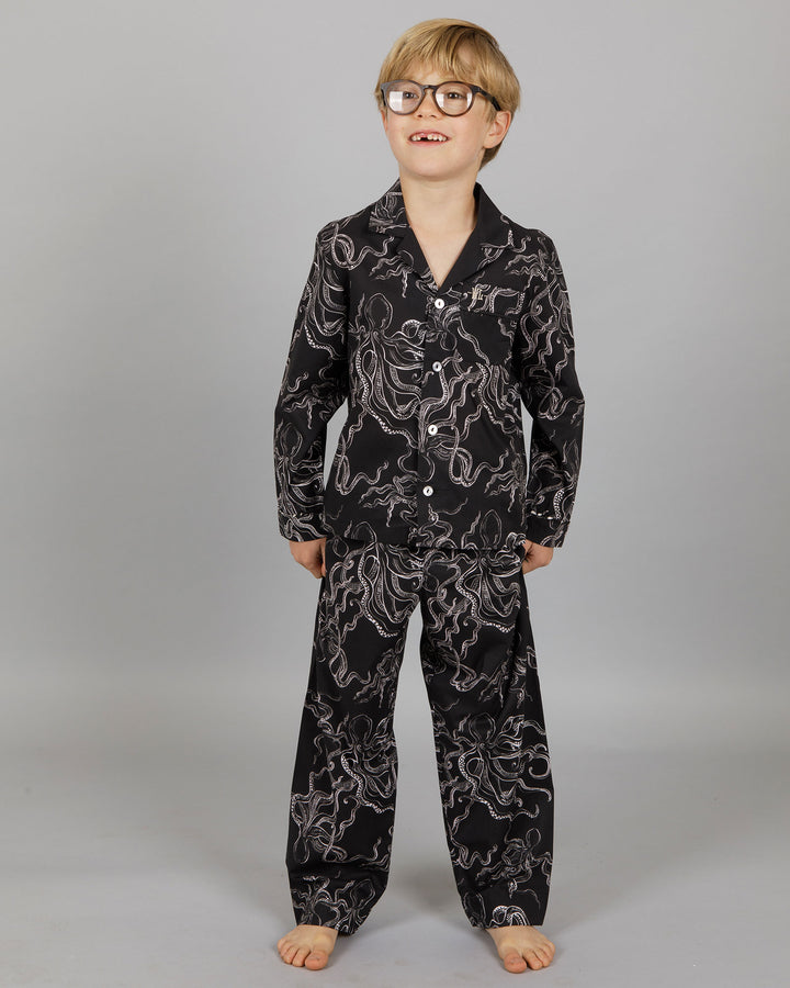 Boys Long Pyjamas Octopus Black Front - Woodstock Laundry