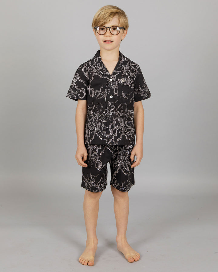 Boys Short Pyjamas Octopus Black Small Front - Woodstock Laundry