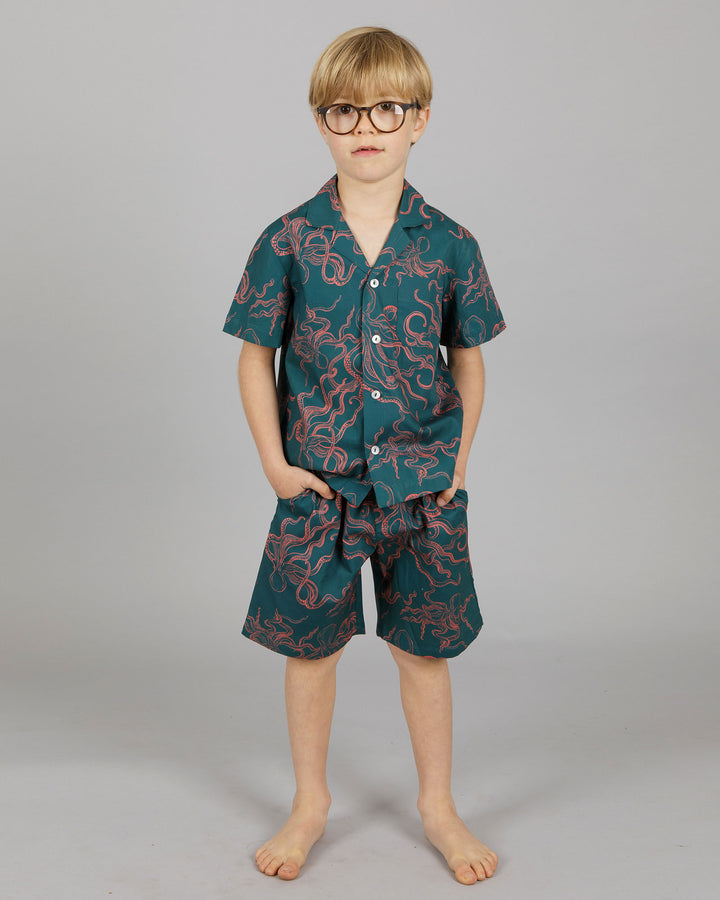 Boys Short Pyjamas Octopus Pink Front - Woodstock Laundry