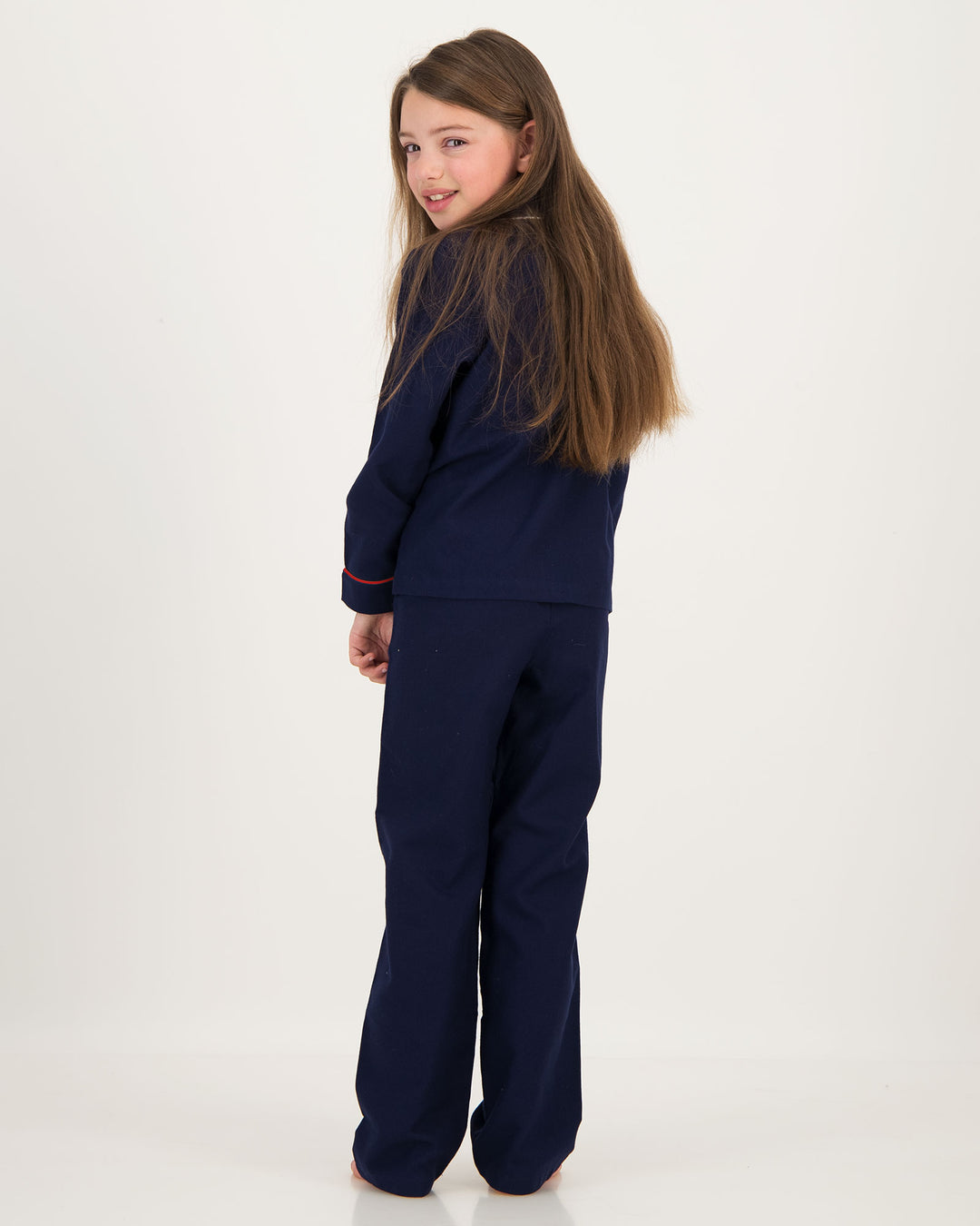 Girls Long Flannel Pyjamas Navy with Red Piping Back - Woodstock Laundry SA