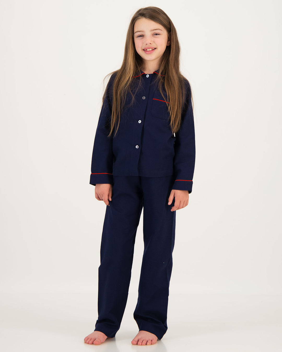 Girls Long Flannel Pyjamas Navy with Red Piping Front - Woodstock Laundry SA