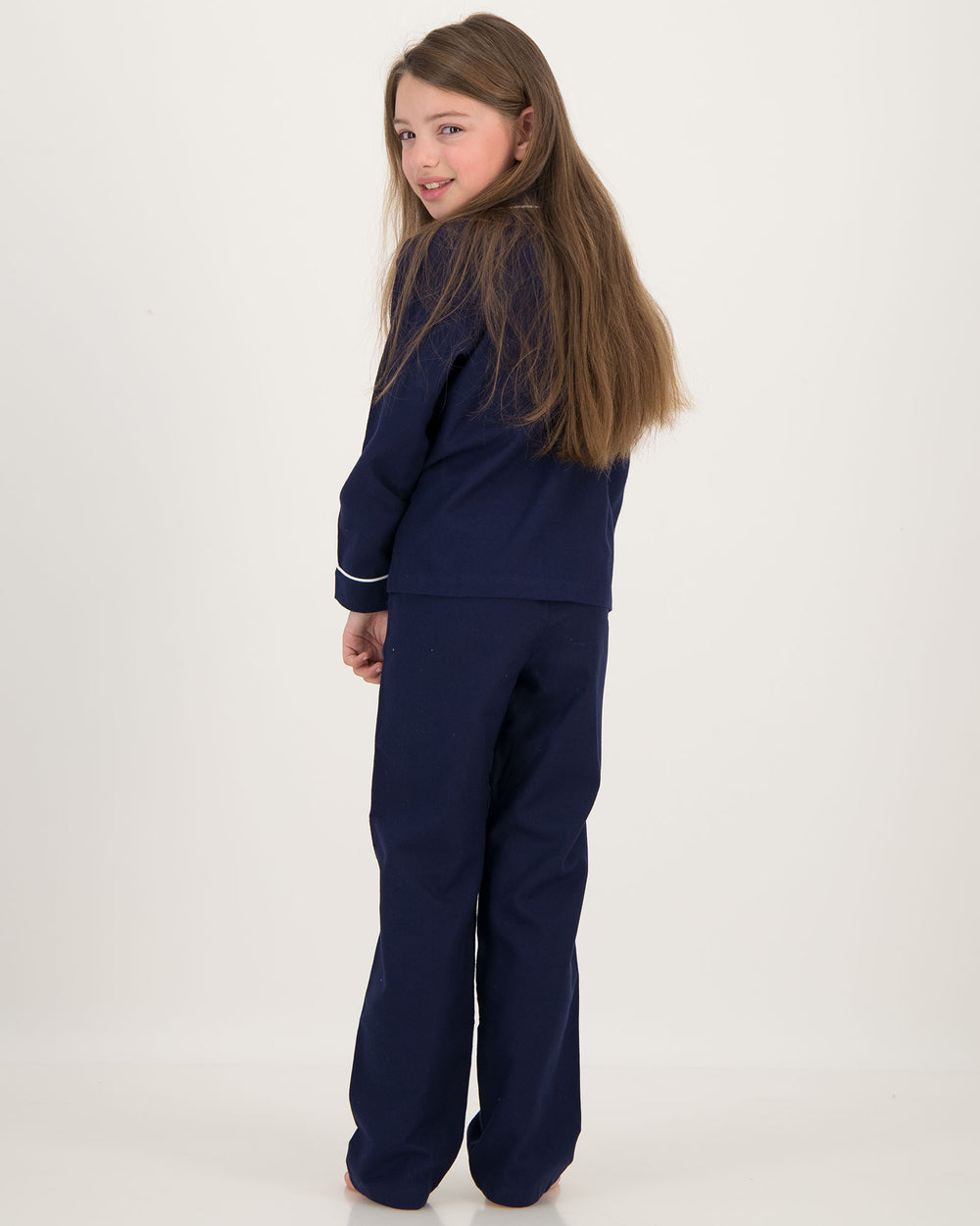 Girls Long Flannel Pyjamas Navy with White Piping Back - Woodstock Laundry