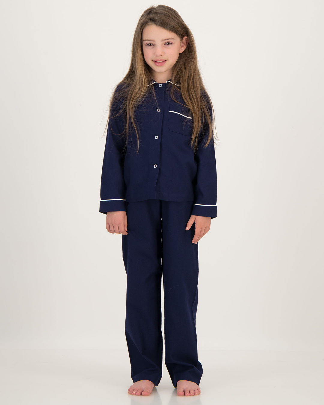Girls Long Flannel Pyjamas Navy with White Piping Front - Woodstock Laundry