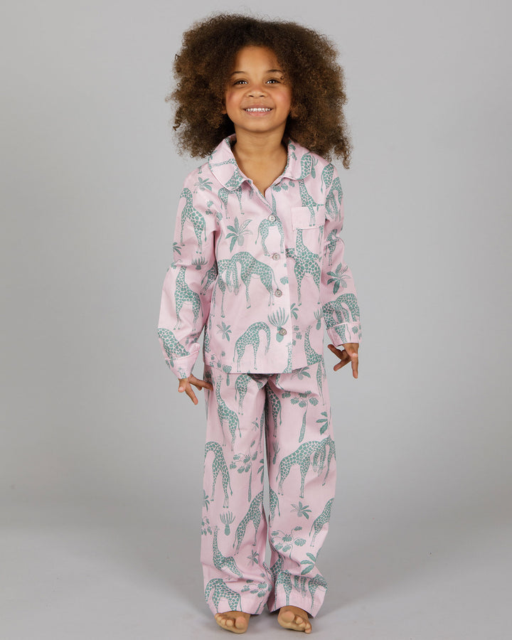 Girls Long Pyjamas Giraffes Pink Front - Woodstock Laundry
