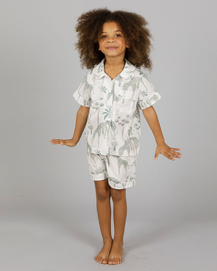 Girls Short Pyjamas Giraffes Green Front - Woodstock Laundry