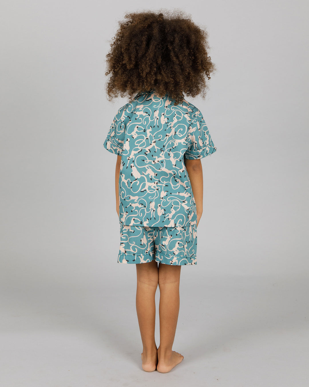 Girls Short Pyjamas Monkeys Teal Back - Woodstock Laundry