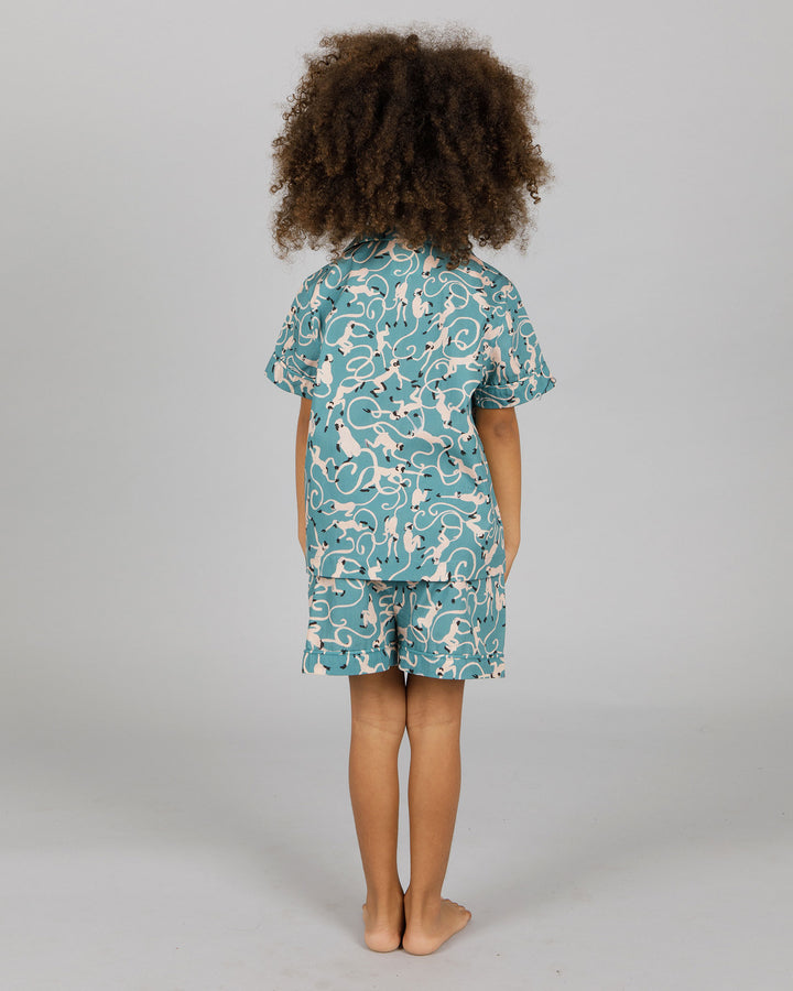 Girls Short Pyjamas Monkeys Teal Back - Woodstock Laundry