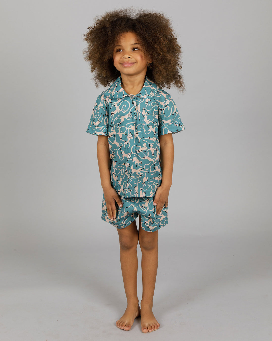 Girls Short Pyjamas Monkeys Teal Front - Woodstock Laundry