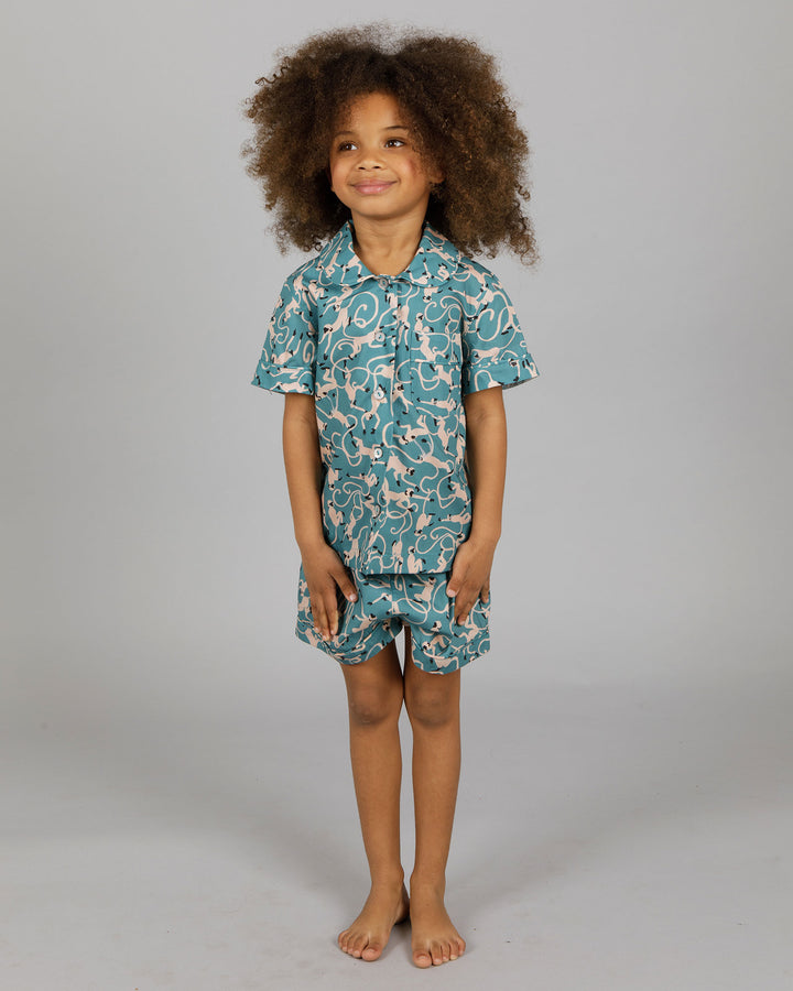 Girls Short Pyjamas Monkeys Teal Front - Woodstock Laundry