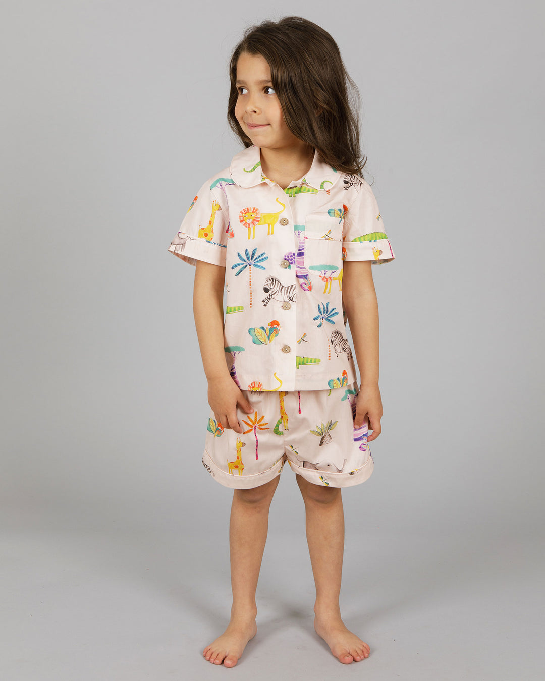 Girls Short Pyjamas Safari Pink Front - Woodstock Laundry