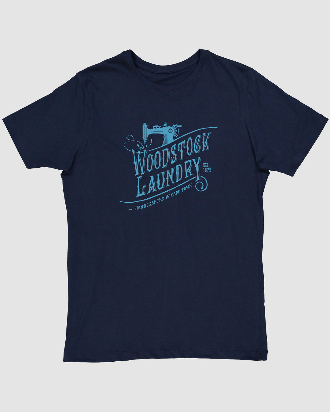 Mens T-Shirt Navy with Blue Logo Flatlay - Woodstock Laundry SA
