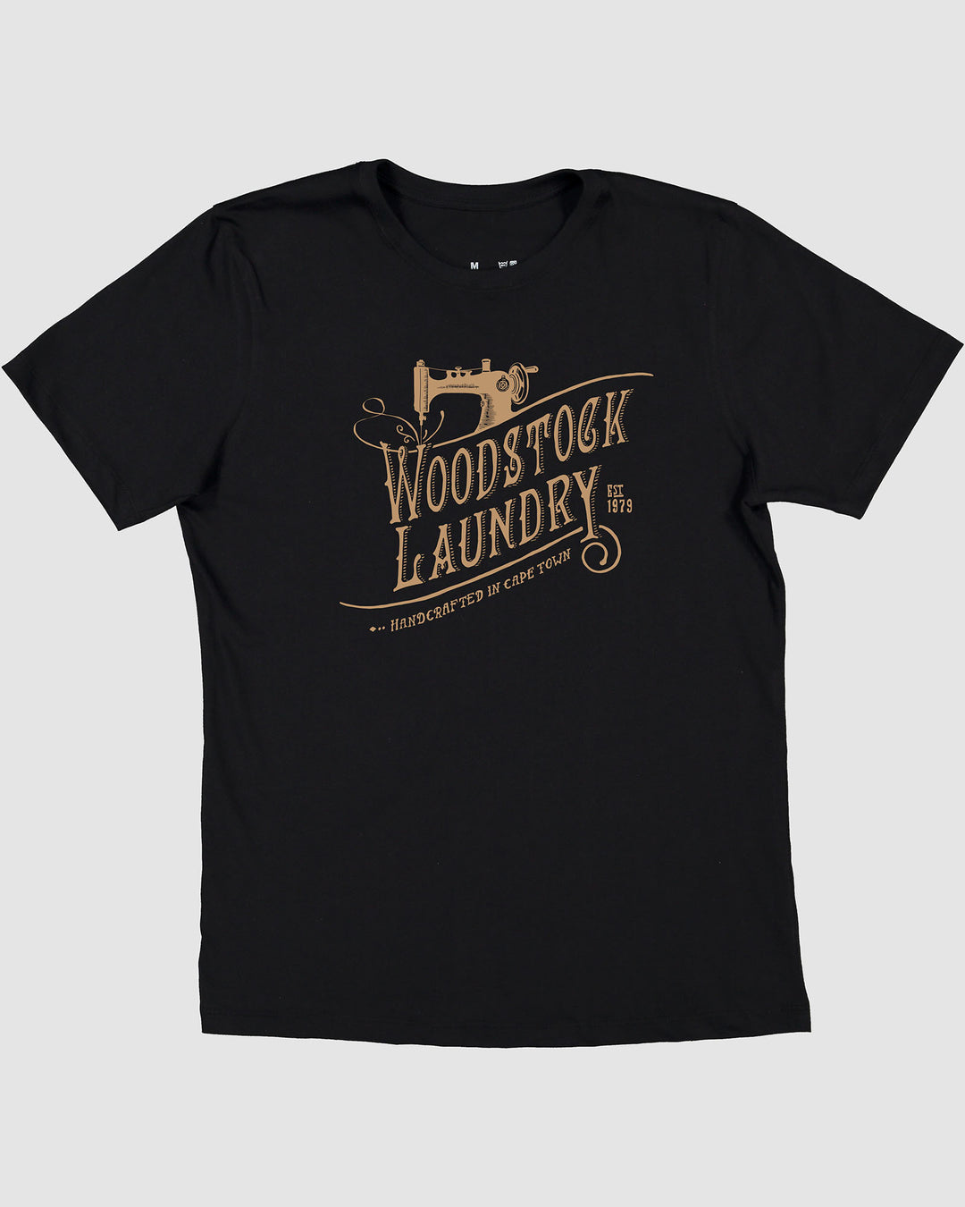 Mens T-Shirt Black with Cream Logo Flatlay - Woodstock Laundry SA
