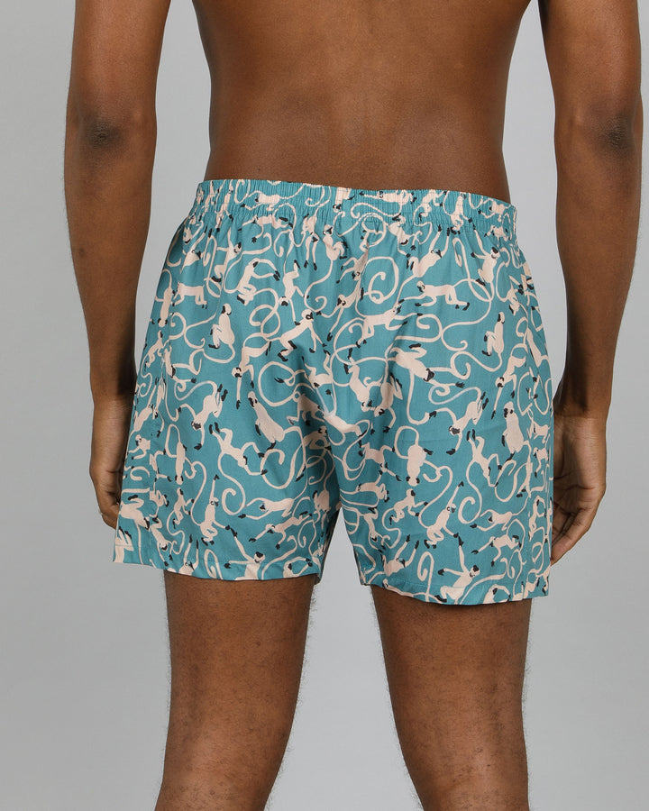 Mens Boxer Shorts Monkeys Teal Back - Woodstock Laundry