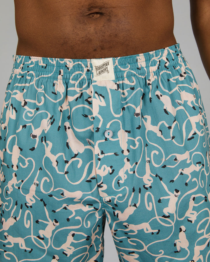 Mens Boxer Shorts Monkeys Teal Close - Woodstock Laundry