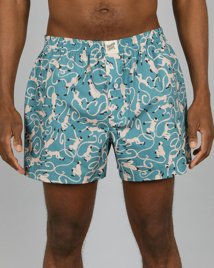 Mens Boxer Shorts Monkeys Teal Front - Woodstock Laundry