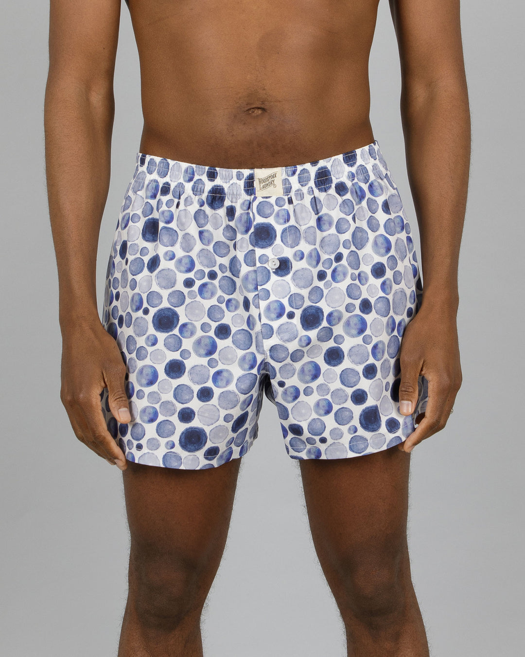 Mens Boxer Shorts Blue Dots Front - Woodstock Laundry