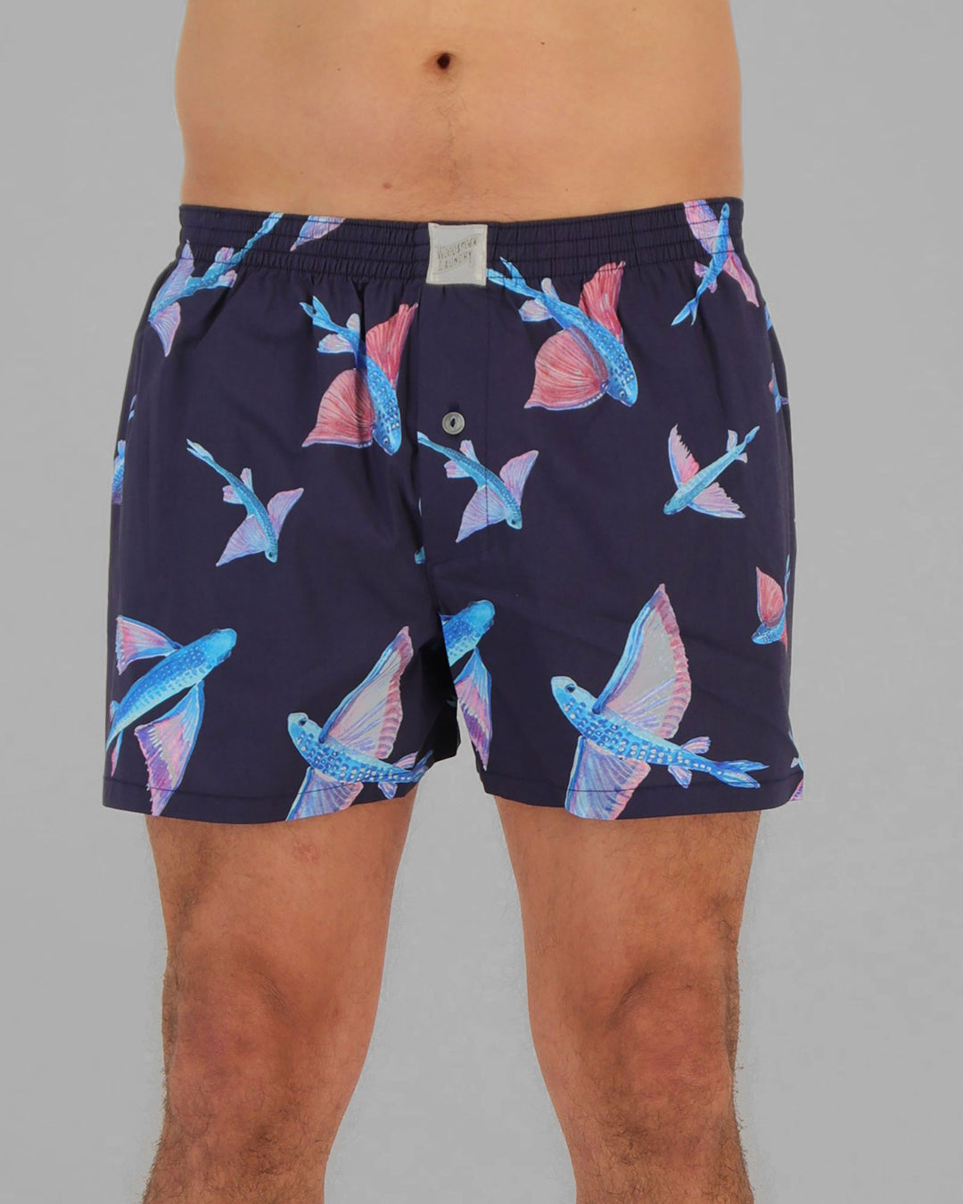 Mens Boxer Shorts Flying Fish Navy Front - Woodstock Laundry