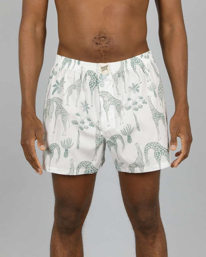 Mens Boxer Shorts Giraffes Green Front - Woodstock Laundry