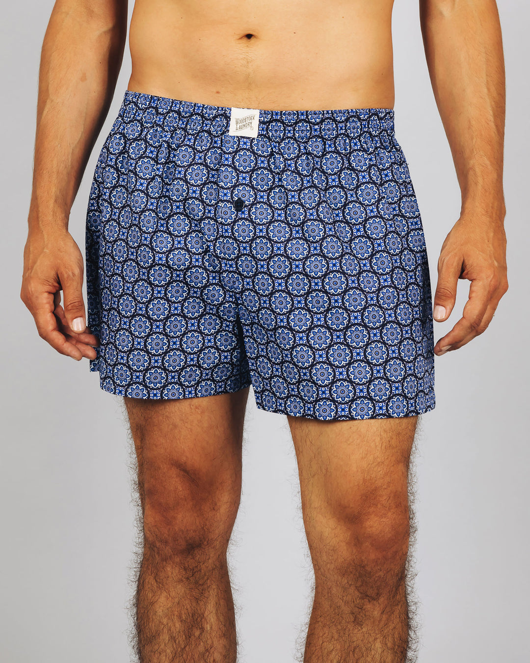 Mens Boxer Shorts Indigo Floral Front - Woodstock Laundry
