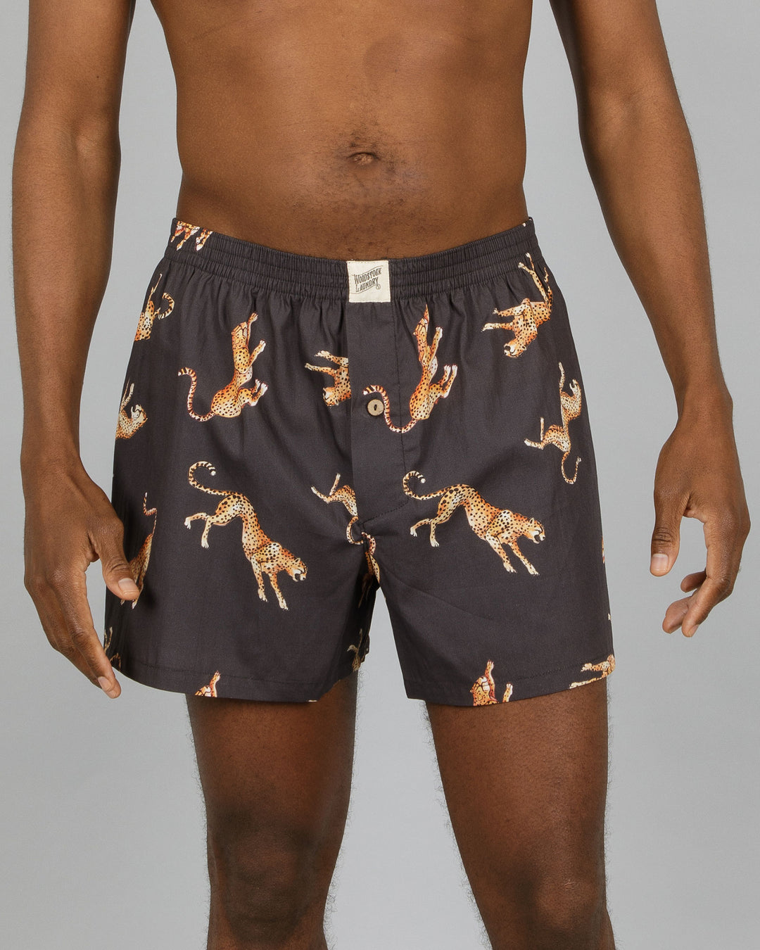 Mens Boxer Shorts Jumping Cheetahs Front - Woodstock Laundry
