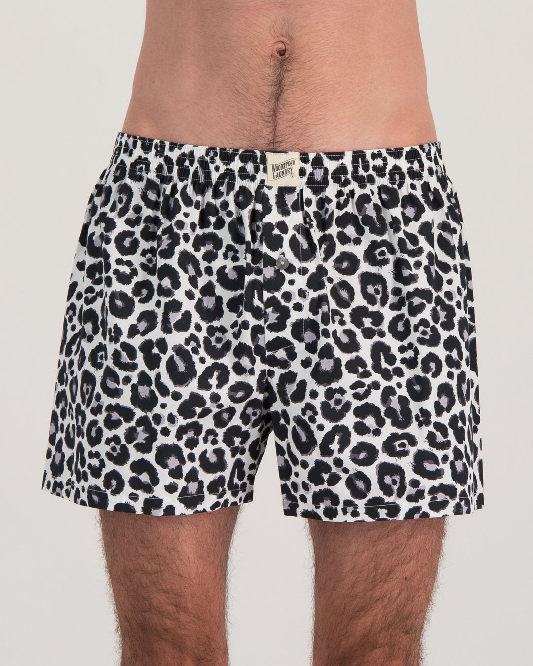 Mens Boxers Leopard White Front - Woodstock Laundry