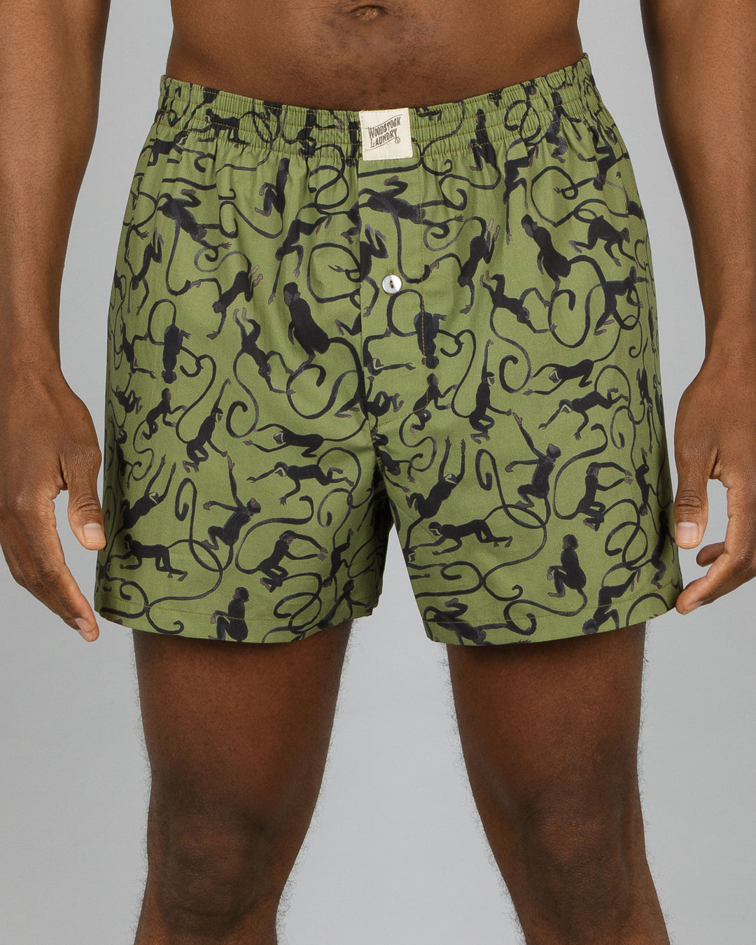 Mens Boxer Shorts Monkeys Green Front - Woodstock Laundry