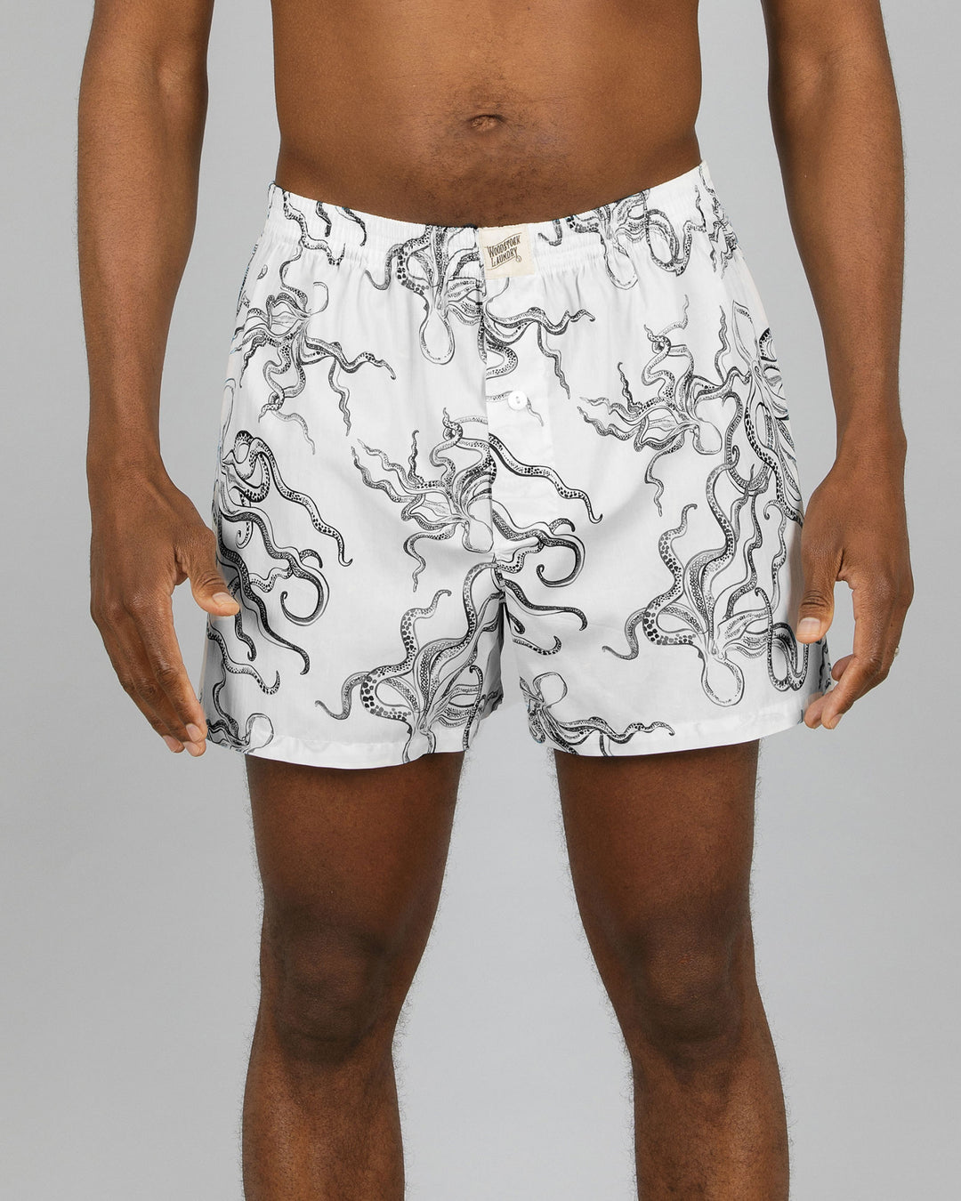 Mens Boxer Shorts Octopus White Front - Woodstock Laundry