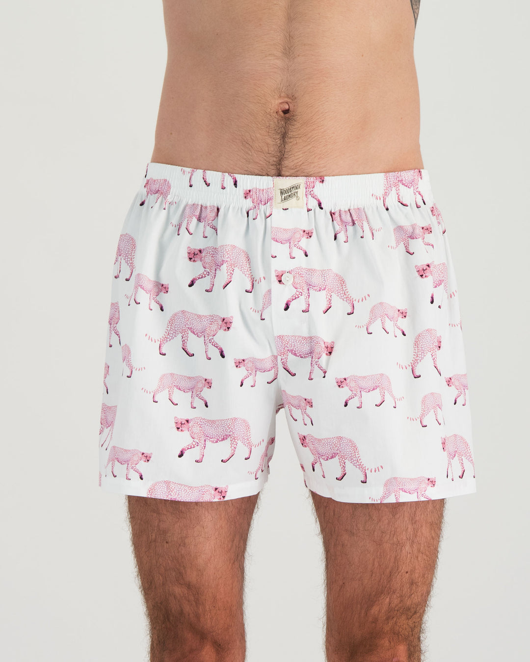 Mens Boxers Pink Cheetahs Front - Woodstock Laundry
