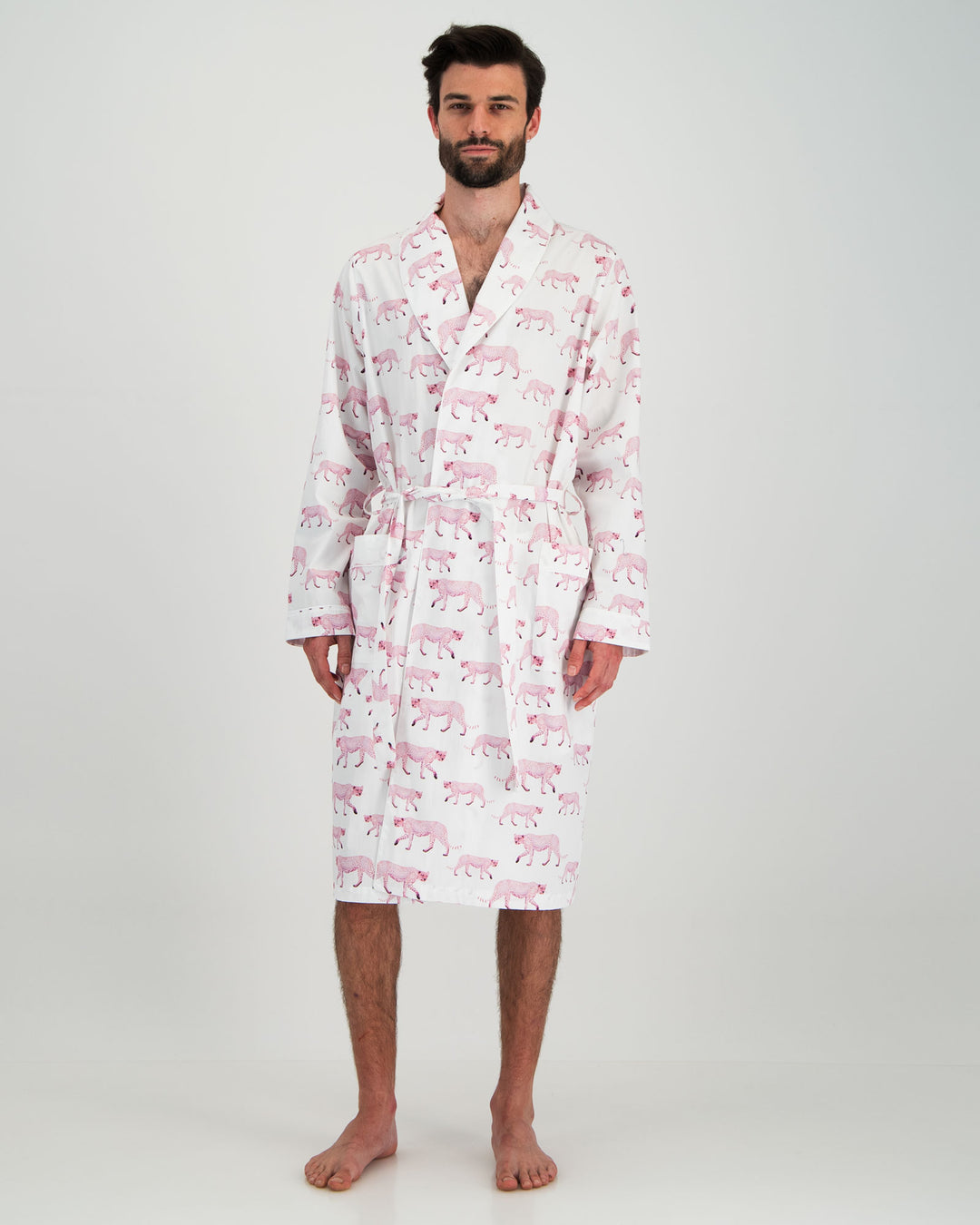 Mens Gown Pink Cheetahs Front - Woodstock Laundry