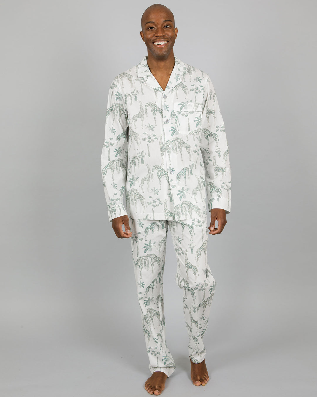 Mens Long Pyjamas Giraffes Green Front - Woodstock Laundry