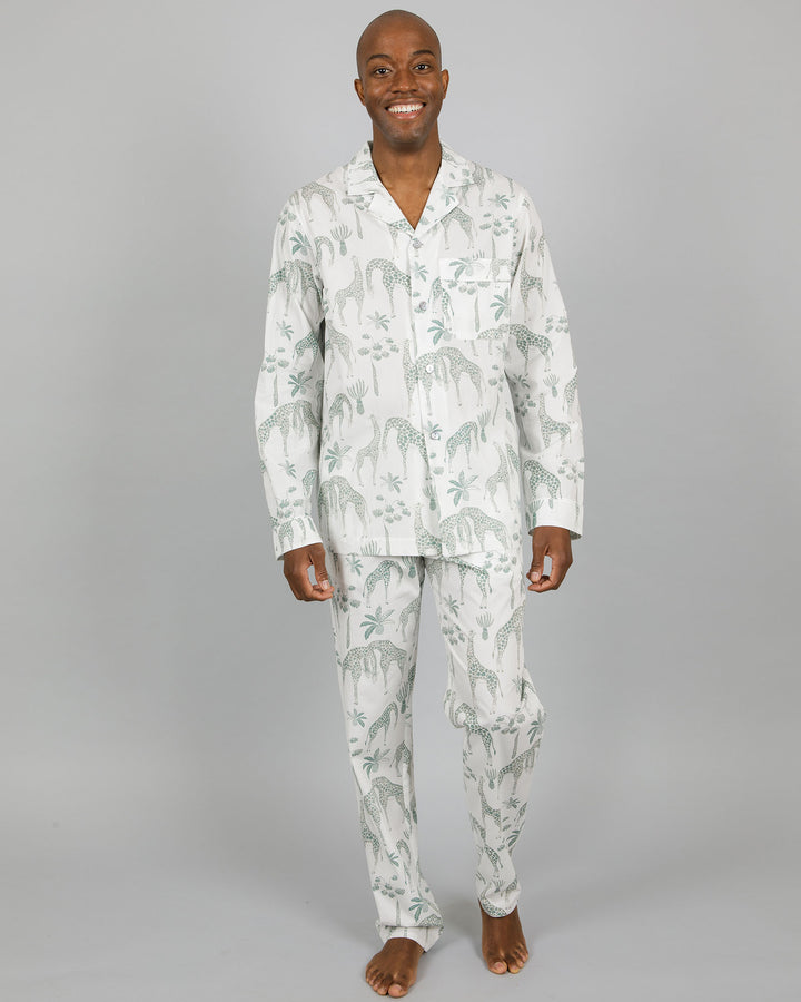 Mens Long Pyjamas Giraffes Green Front - Woodstock Laundry