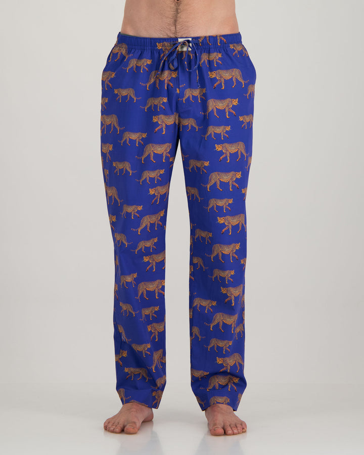 Mens Lounge Pants Blue Cheetahs Front - Woodstock Laundry