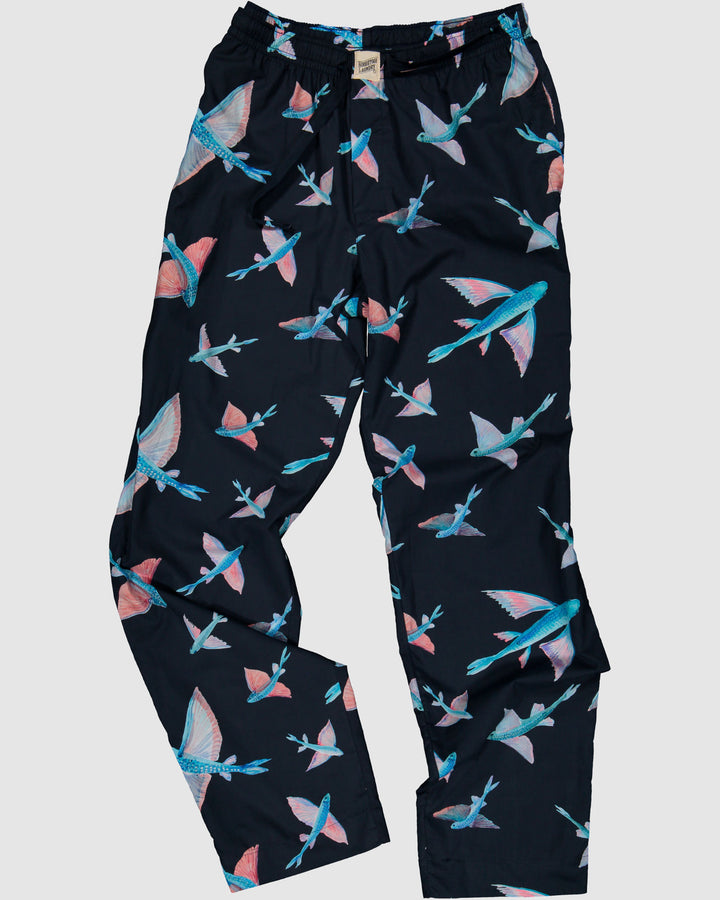 Mens Lounge Pants Flying Fish Navy Front - Woodstock Laundry