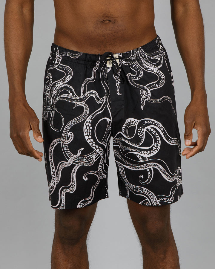 Mens Lounge Shorts Octopus Black Front - Woodstock Laundry