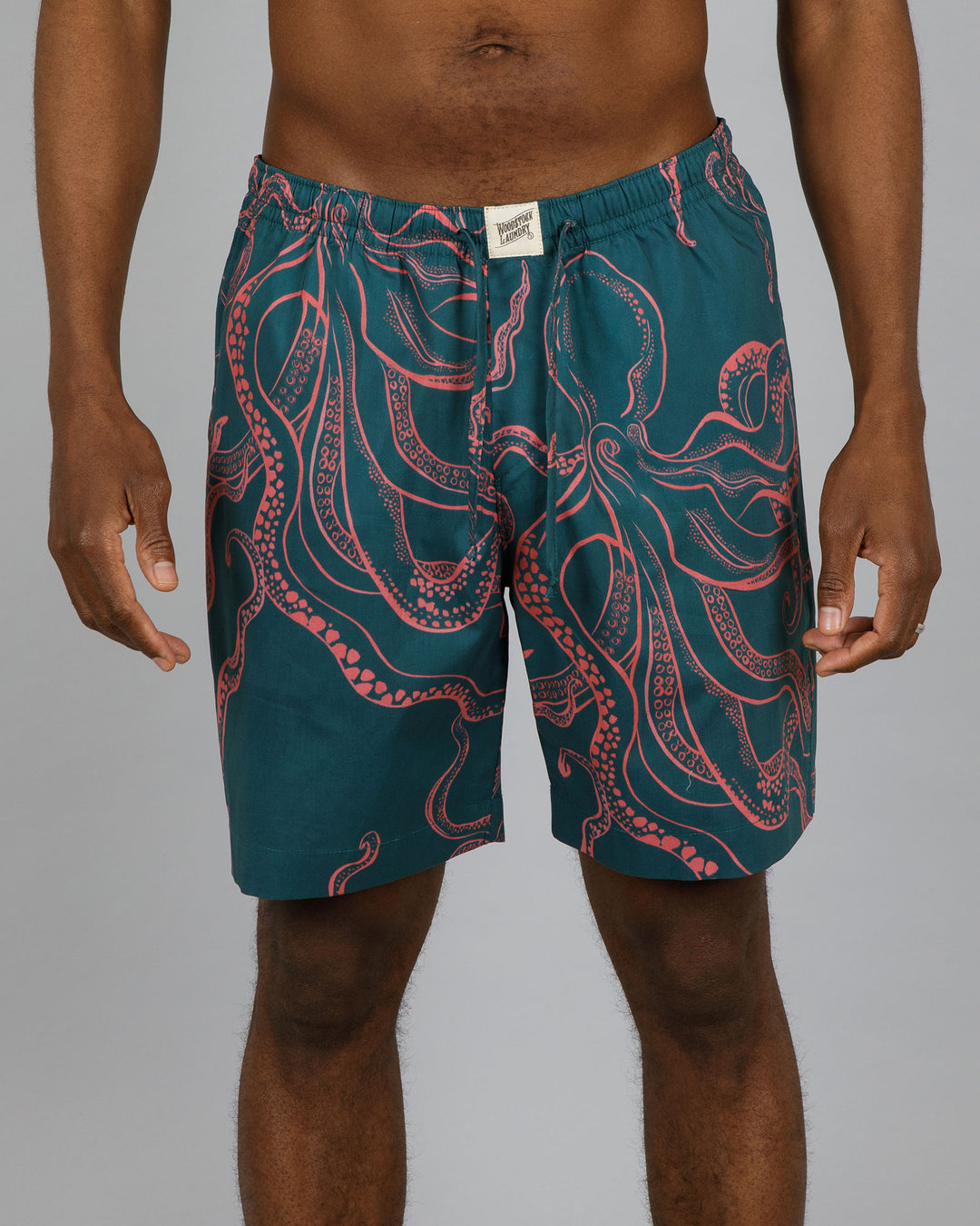 Mens Lounge Shorts Octopus Pink Front - Woodstock Laundry