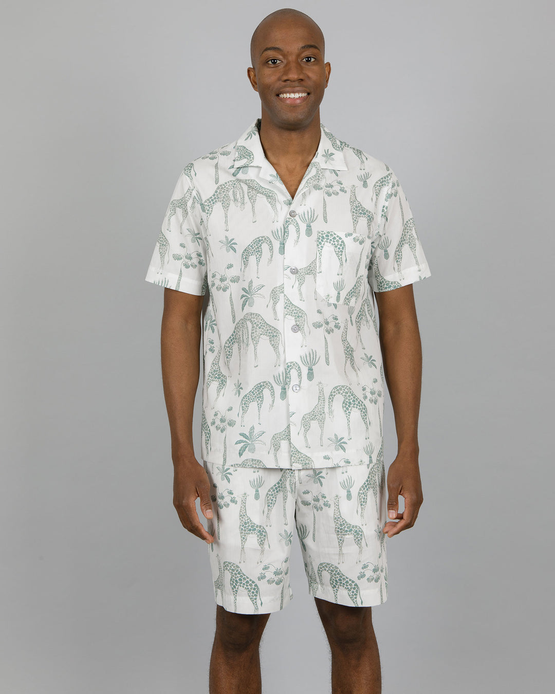 Mens Short Pyjamas Giraffes Green Front - Woodstock Laundry