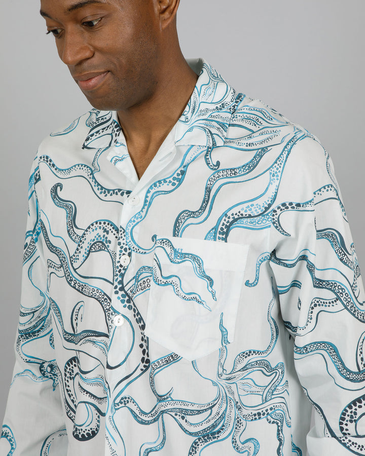 Mens Sleepshirt Octopus Indigo Close - Woodstock Laundry