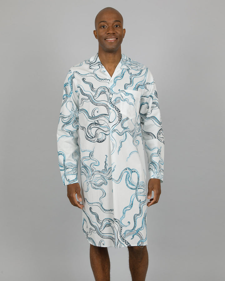 Mens Sleepshirt Octopus Indigo Front - Woodstock Laundry