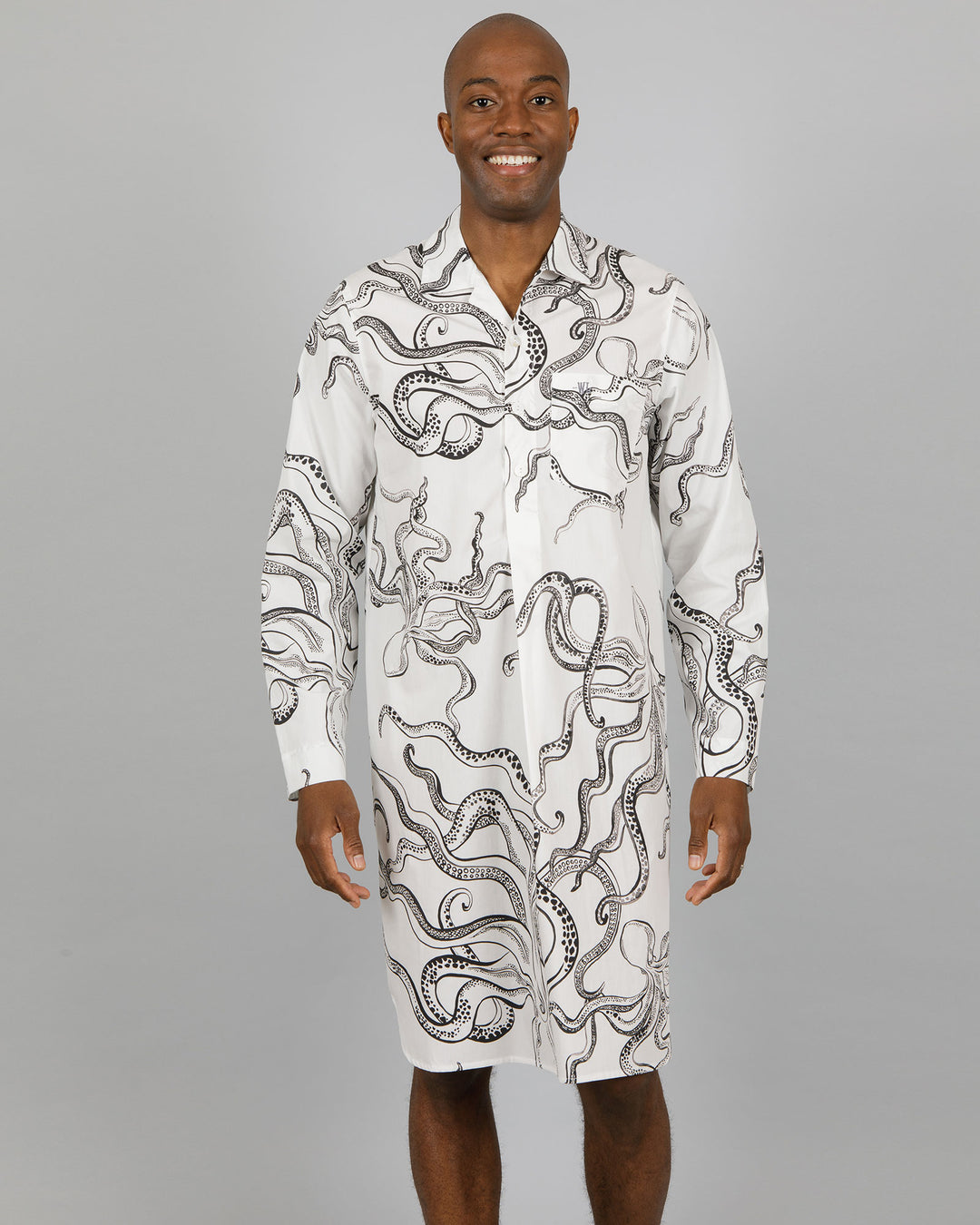 Mens Sleepshirt Octopus White Front - Woodstock Laundry